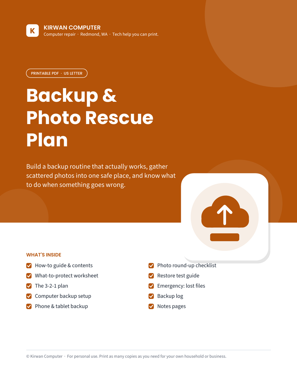 Backup & Photo Rescue Plan – Printable 3-2-1 Backup PDF – Kirwan Computer