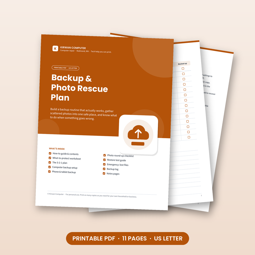 Backup & Photo Rescue Plan – Printable 3-2-1 Backup PDF – Kirwan Computer