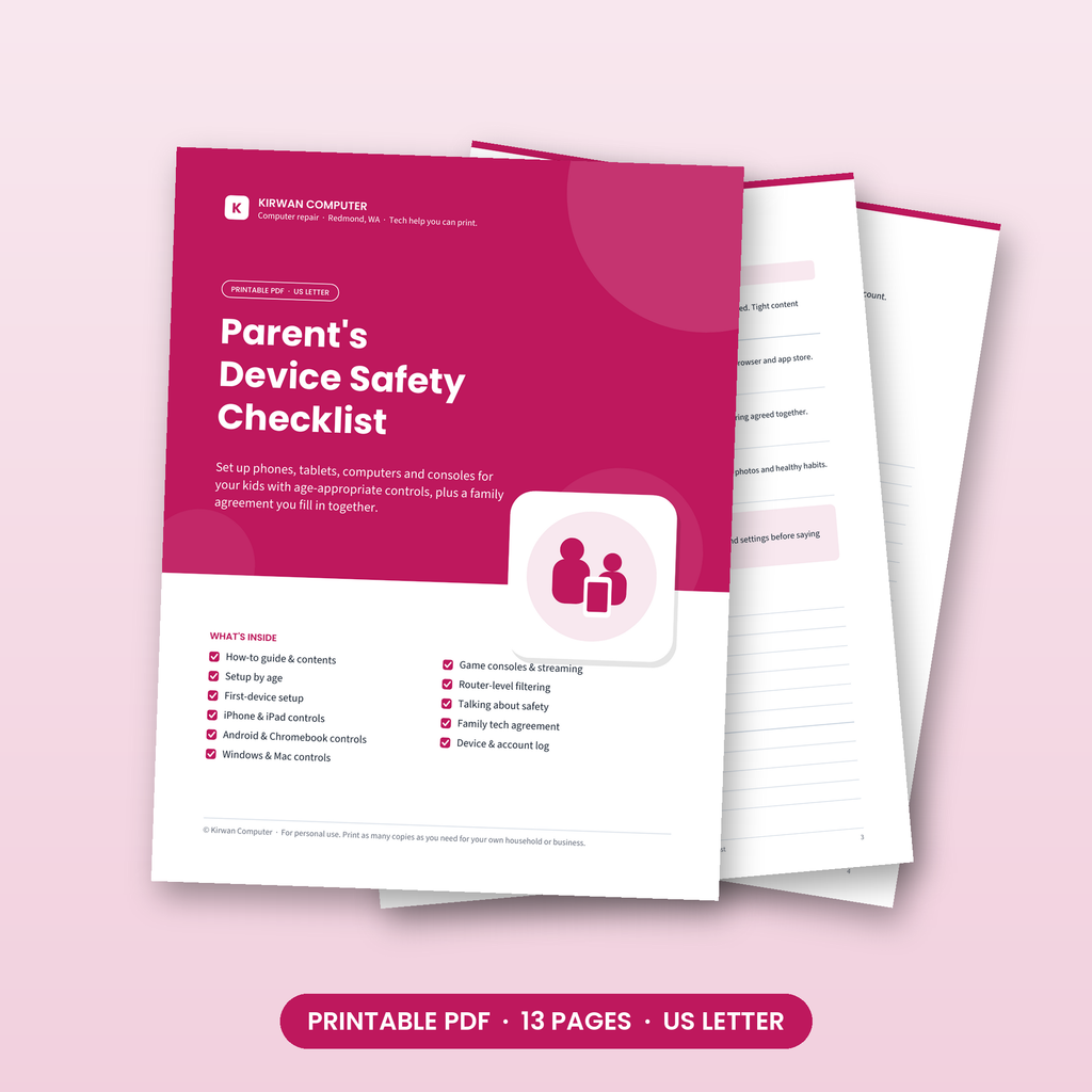 Parent's Device Safety Checklist printable PDF pages