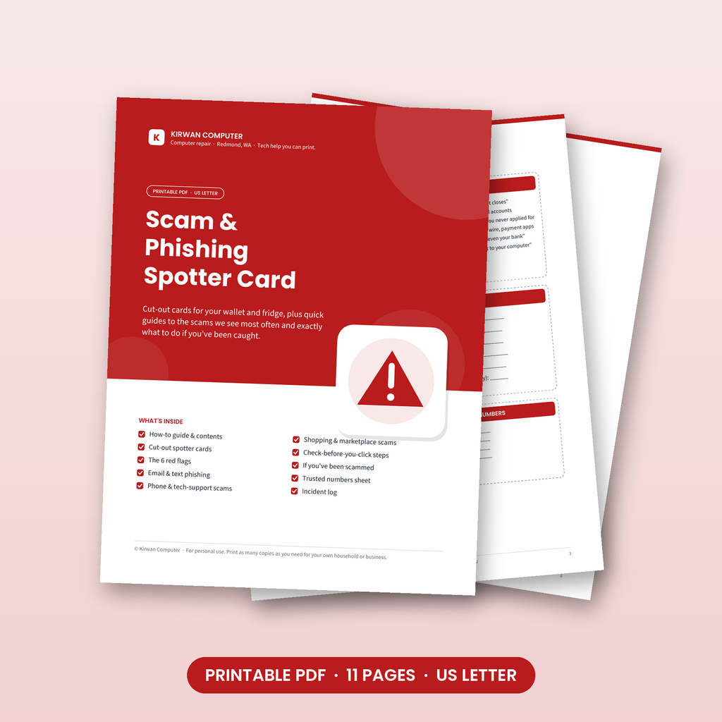 Scam & Phishing Spotter Card printable PDF pages
