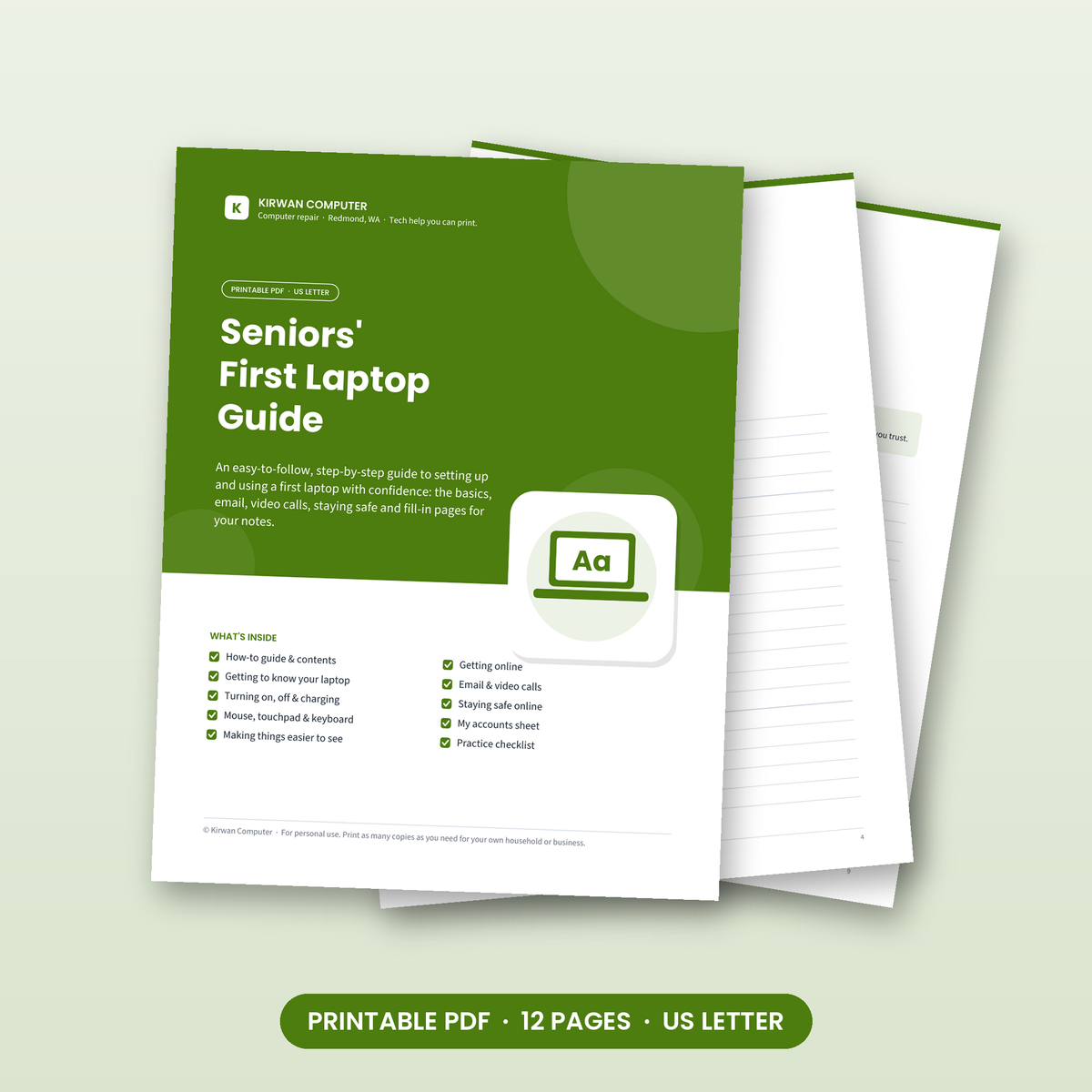 Seniors' First Laptop Guide printable PDF pages