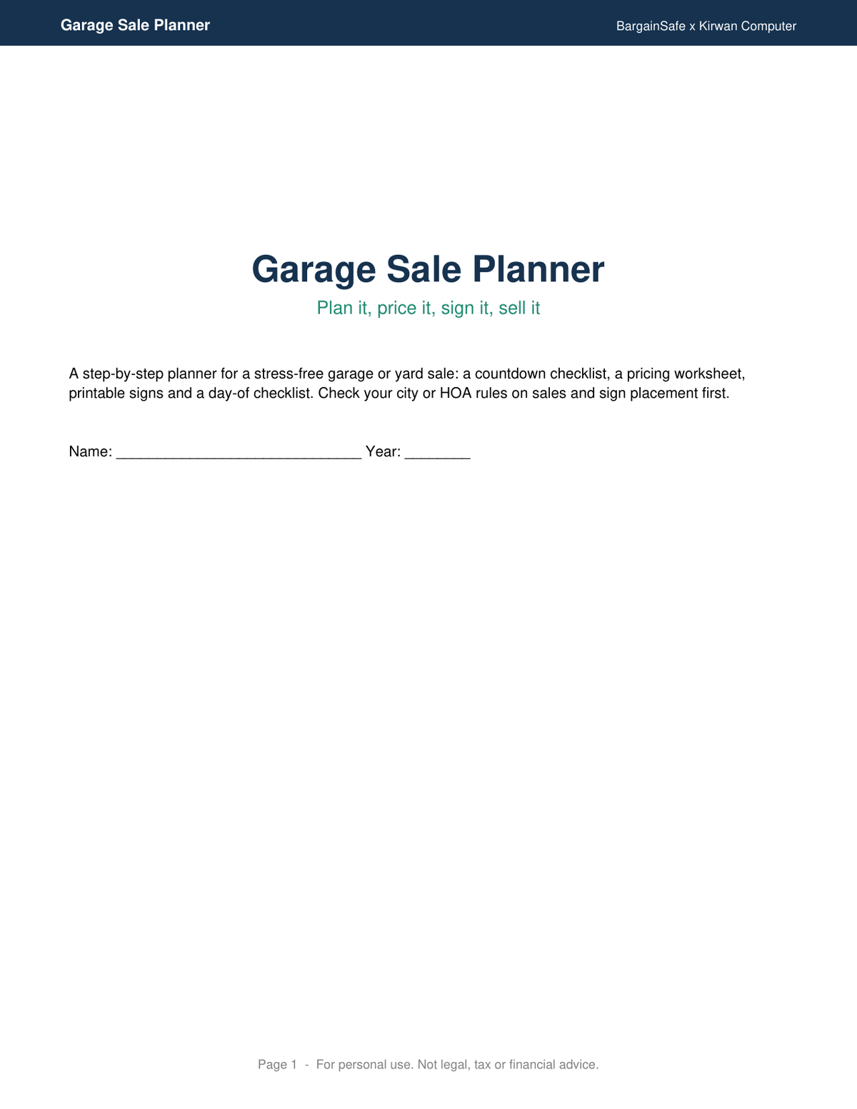 Garage Sale Planner